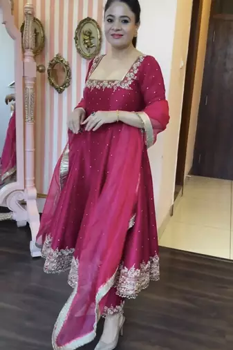 pink Pure vichitra silk straight kurta palazzo set with dupatta     elegant full sleeve designer outfit