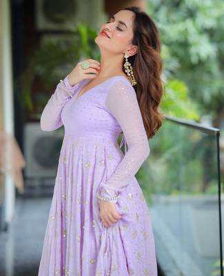 purple Faux blooming foil work anarkali suit set with dupatta     heavy sequin and zari embroidered designer outfit 4