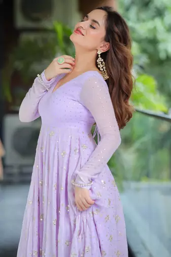 purple Faux blooming foil work anarkali suit set with dupatta     heavy sequin and zari embroidered designer outfit
