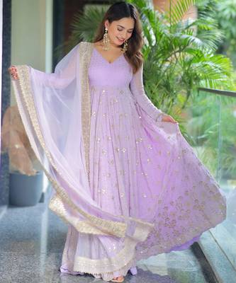 purple Faux blooming foil work anarkali suit set with dupatta     heavy sequin and zari embroidered designer outfit 5