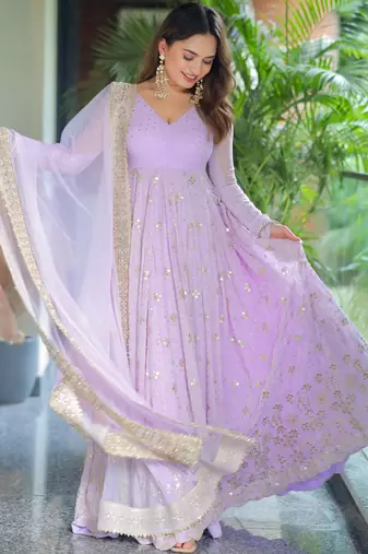 purple Faux blooming foil work anarkali suit set with dupatta     heavy sequin and zari embroidered designer outfit