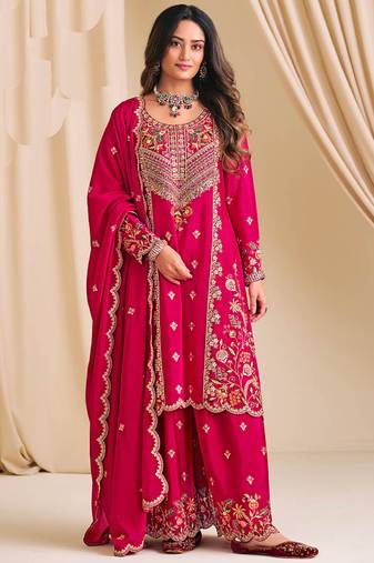 Pink chinon silk embroidered & daimond work plazzo suit