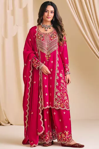 Pink chinon silk embroidered & daimond work plazzo suit