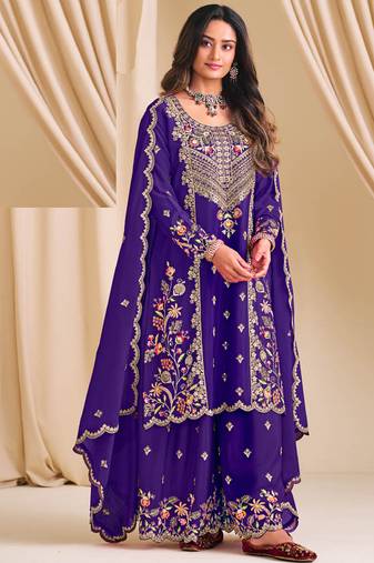 Violet chinon silk embroidered & daimond work plazzo suit