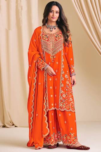 Orange chinon silk embroidered & daimond work plazzo suit