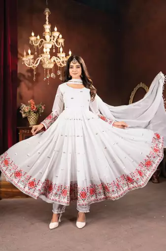 white Faux blooming embroidered sequin suit set with dupatta – elegant designer outfit with moti lace work