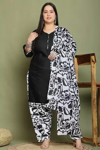 Black cotton blend printed ready to wear patiala salwar suit