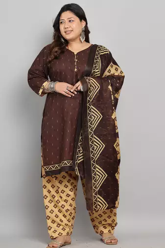 Brown cotton blend printed ready to wear patiala salwar suit