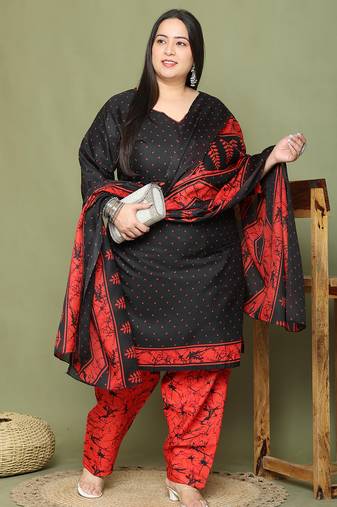 Black cotton blend printed ready to wear patiala salwar suit