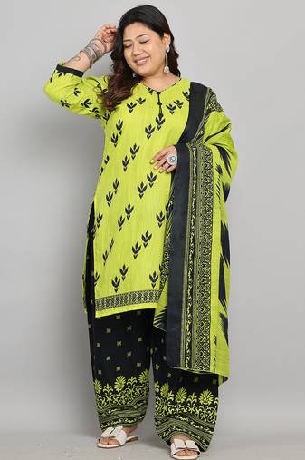 Neon yellow cotton blend printed ready to wear patiala salwar suit