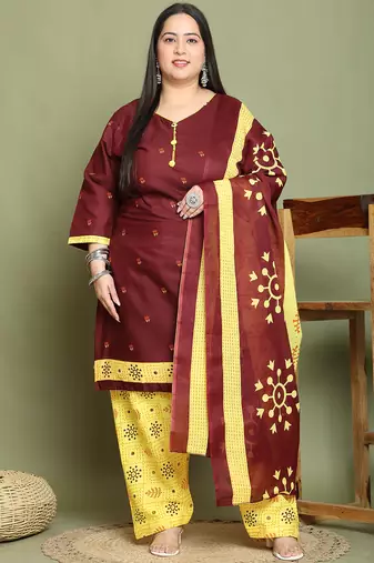 Maroon cotton blend printed ready to wear patiala salwar suit