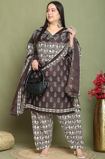 Brown cotton blend printed ready to wear patiala salwar suit