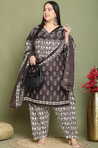 Brown cotton blend printed ready to wear patiala salwar suit