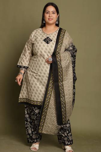 Beige cotton blend printed ready to wear patiala salwar suit