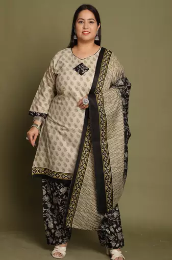 Beige cotton blend printed ready to wear patiala salwar suit