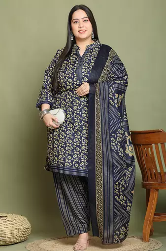 Navy blue cotton blend printed ready to wear patiala salwar suit