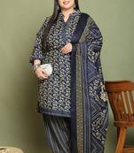 Navy blue cotton blend printed ready to wear patiala salwar suit