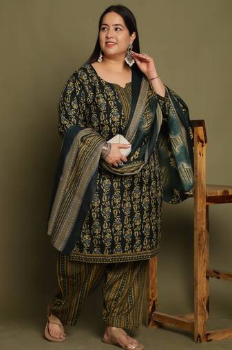 Green cotton blend printed ready to wear patiala salwar suit