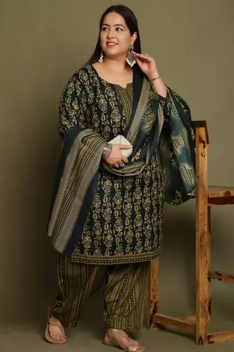 Green cotton blend printed ready to wear patiala salwar suit
