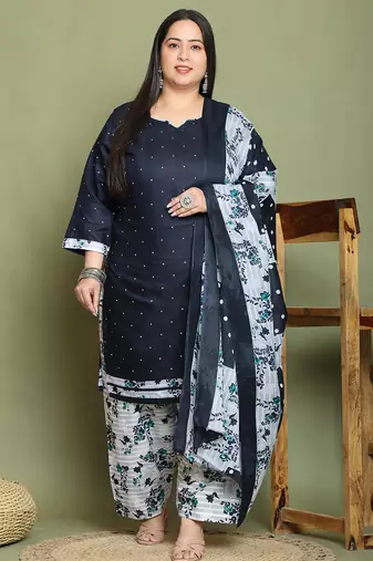 Navy blue  cotton blend printed ready to wear patiala salwar suit