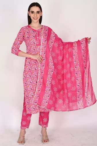 Women's cotton blend jaipuri printed kurta & pant with dupatta