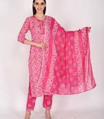 Women's cotton blend jaipuri printed kurta & pant with dupatta