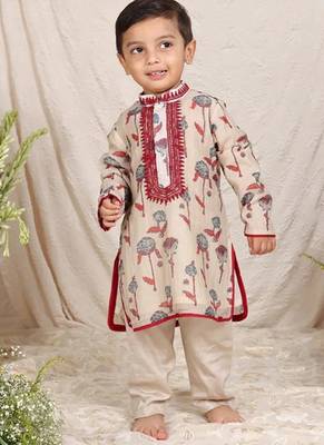 Beige floral printed chanderi kurta set 1