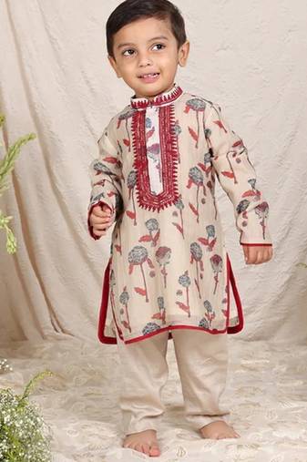 Beige floral printed chanderi kurta set
