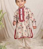 Beige floral printed chanderi kurta set