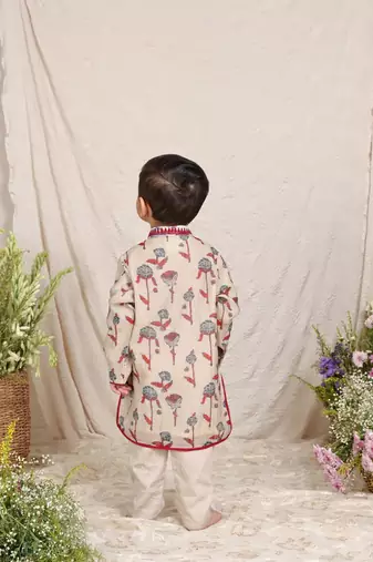 Beige floral printed chanderi kurta set