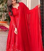 HOT RED Faux georgette embroidered anarkali suit set with dupatta     elegant full sleeve designer outfit