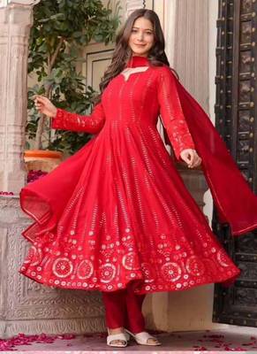 HOT RED Faux georgette embroidered anarkali suit set with dupatta     elegant full sleeve designer outfit 2