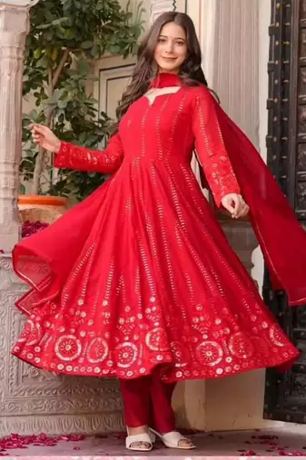 HOT RED Faux georgette embroidered anarkali suit set with dupatta     elegant full sleeve designer outfit