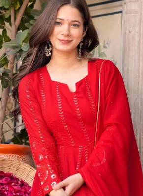 HOT RED Faux georgette embroidered anarkali suit set with dupatta     elegant full sleeve designer outfit 3