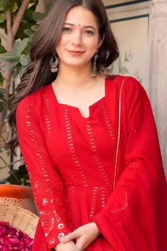 HOT RED Faux georgette embroidered anarkali suit set with dupatta     elegant full sleeve designer outfit