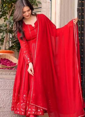 HOT RED Faux georgette embroidered anarkali suit set with dupatta     elegant full sleeve designer outfit 4