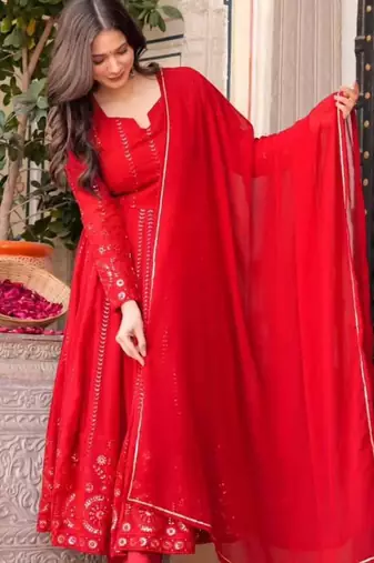 HOT RED Faux georgette embroidered anarkali suit set with dupatta     elegant full sleeve designer outfit