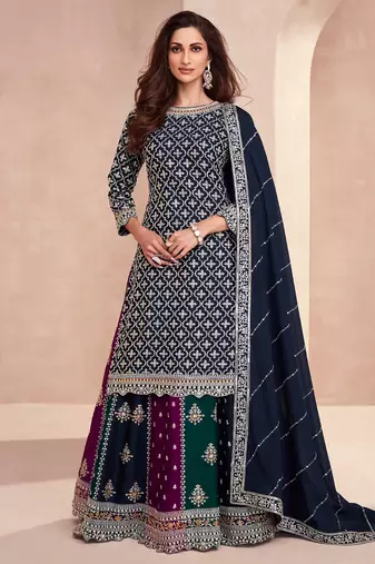 blooming chinon based blue gharara suit for women-Full Stitched free size