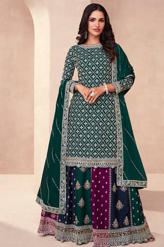 designer blooming chinon based green gharara suit for women