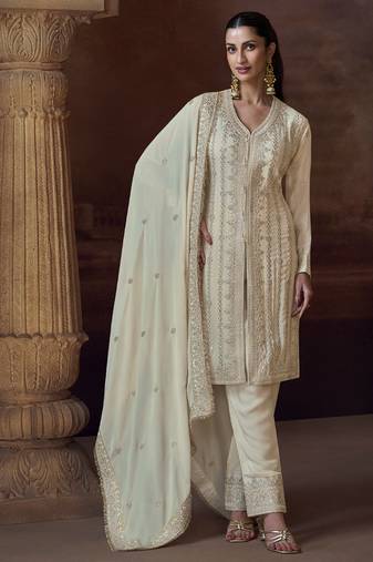 white chinon Pakistani salwar suit for women wedding wear-Full Stitched free size