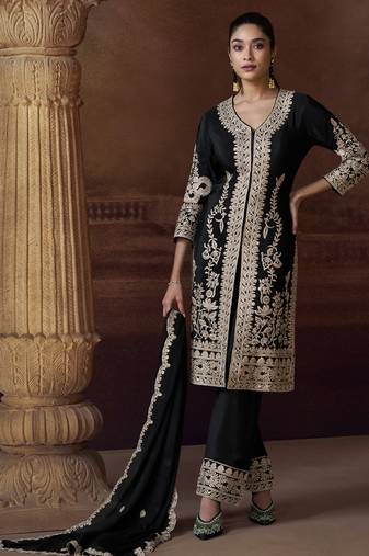 black chinon Pakistani salwar suit for women wedding wear-Full Stitched free size