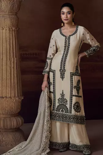 off white chinon Pakistani salwar suit for women wedding wear-Full Stitched free size