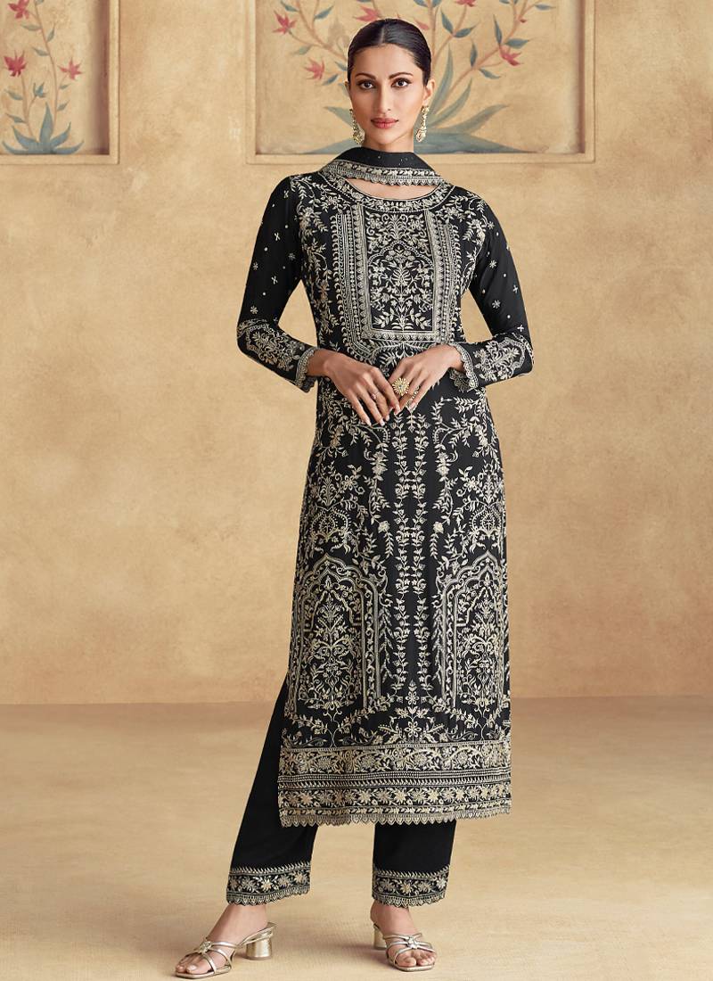 pakistani suit for women black color chinon fabric-Full Stitched free size