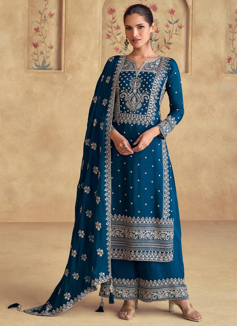pakistani suit for women blue color chinon fabric-Full Stitched free size