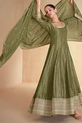 green jacquard anarkali suit for women festival wear-Full Stitched free size