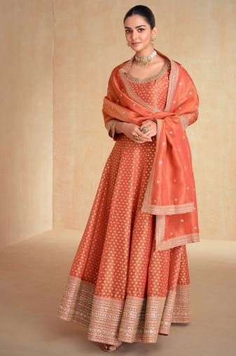 orange jacquard anarkali suit for women festival wear-Full Stitched free size