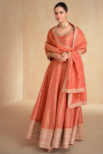 orange jacquard anarkali suit for women festival wear-Full Stitched free size