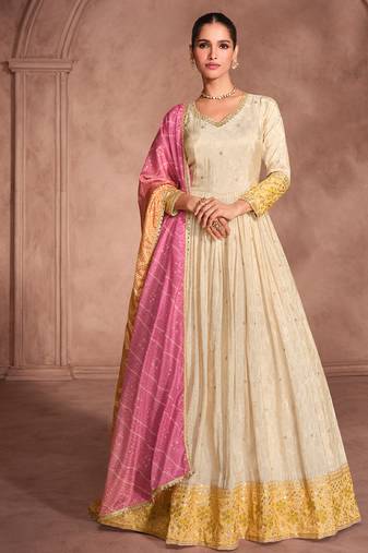 pure white viscous silk wedding wear anarkali suit-Full Stitched free size