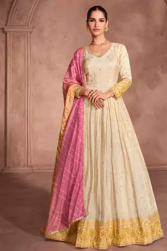 pure white viscous silk wedding wear anarkali suit-Full Stitched free size