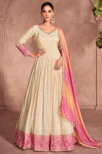 white viscous silk wedding wear anarkali suit-Full Stitched free size